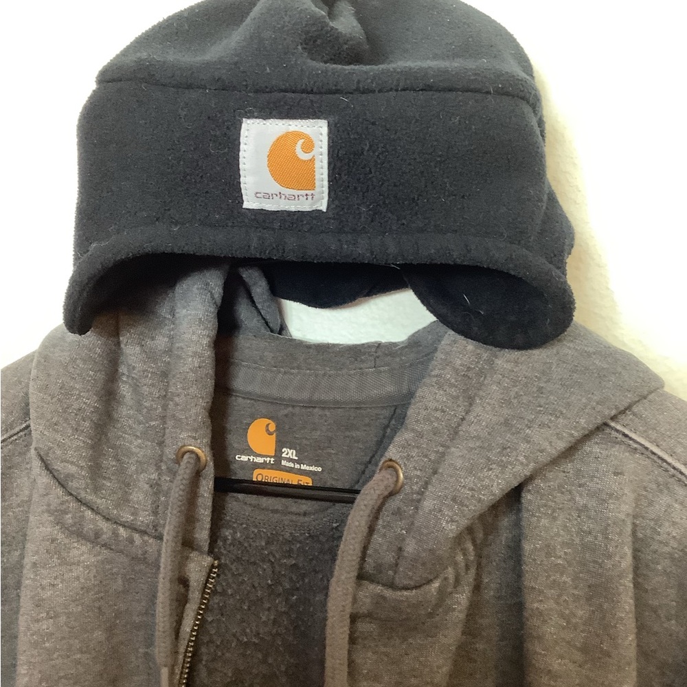 Carhartt 2 piece bundle Gray hoodie & black Beenie 2XL kangaroo pockets full zip - Picture 3 of 16